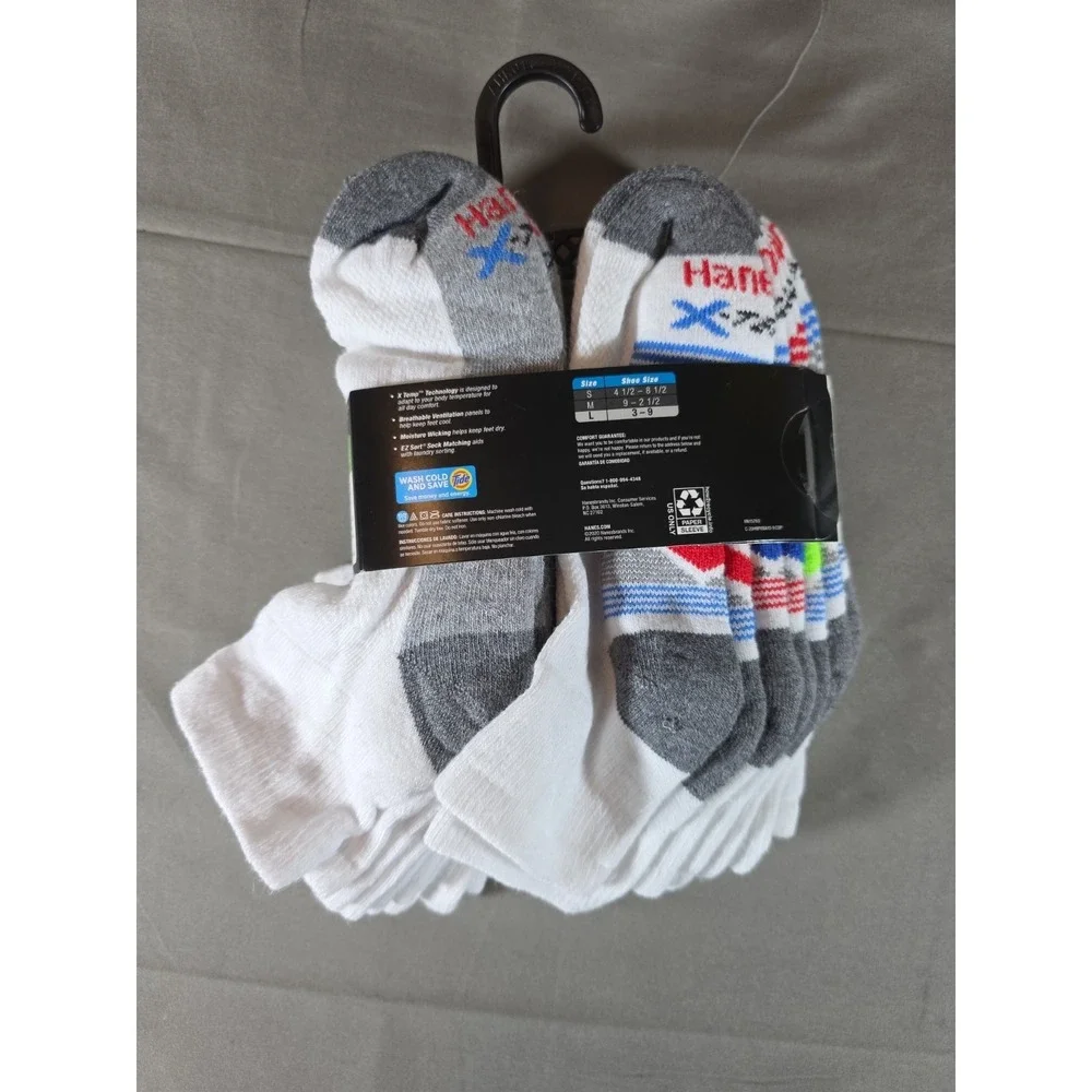 10pk Hanes BOYS Ankle Socks Premium Breathable X-Temp  Size L 3-9